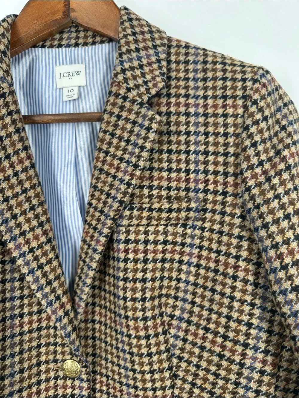 J Crew Classic Camel Multi Houndstooth Wool Blend Schoolboy Blazer Size 10